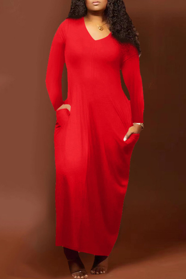Red Fashion Casual Solid Patchwork V Neck One Step Skirt Dresses