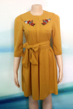 Green Casual Embroidery Patchwork O Neck Cake Skirt Dresses