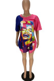 Red Fashion Casual Print Basic O Neck T-shirt Dress