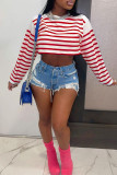 Red Fashion Casual Striped Print Basic O Neck Tops