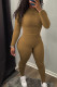 Khaki Simplicity Solid Patchwork O Neck Long Sleeve Two Pieces