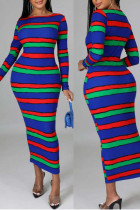 Blue Sexy Striped Print Split Joint O Neck One Step Skirt Dresses