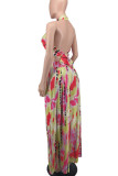 Yellow Red Sexy Print Patchwork Halter Sleeveless Two Pieces