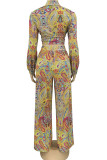 Multicolor Casual Print Bandage Patchwork Turndown Collar Long Sleeve Two Pieces