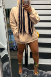 Grey Casual Solid Draw String Hooded Collar Tops
