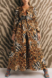 Khaki Sexy Print Hollowed Out Patchwork V Neck Long Sleeve Dresses