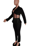 Black Casual Solid Patchwork See-through Turn-back Collar Long Sleeve Two Pieces