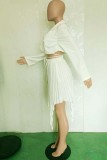 White Fashion Patchwork Solid Bandage Asymmetrical V Neck Long Sleeve Two Pieces