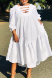 White Casual Solid Patchwork Asymmetrical Collar A Line Dresses