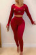 Red Sexy Solid Hollowed Out Patchwork V Neck Long Sleeve Two Pieces