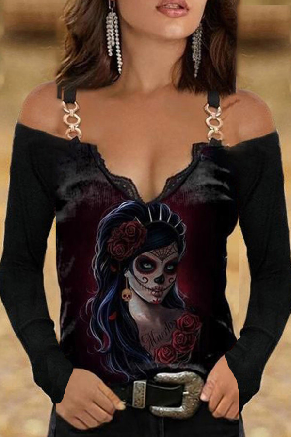 Black Fashion Casual Print Patchwork V Neck Tops