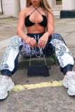 Blue Street Print Patchwork Straight High Waist Straight Positioning Print Bottoms