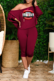 Pink Casual Print Patchwork One Shoulder Long Sleeve Two Pieces