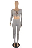 Grey Sexy Casual Solid Bandage Hollowed Out O Neck Long Sleeve Two Pieces