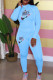 Blue Fashion Casual Print Basic O Neck Long Sleeve Two Pieces