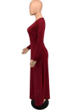 Red Fashion Casual Solid Patchwork V Neck One Step Skirt Dresses