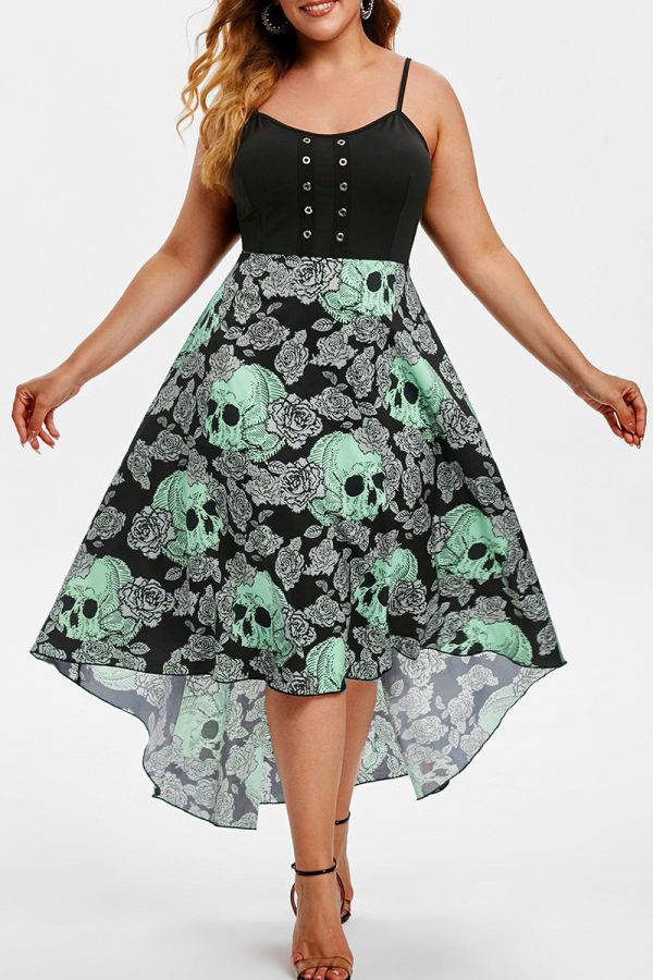 Green Casual Print Patchwork Spaghetti Strap Irregular Dress Dresses