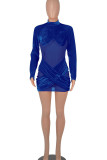 Blue Sexy Solid Patchwork See-through Mandarin Collar One Step Skirt Dresses