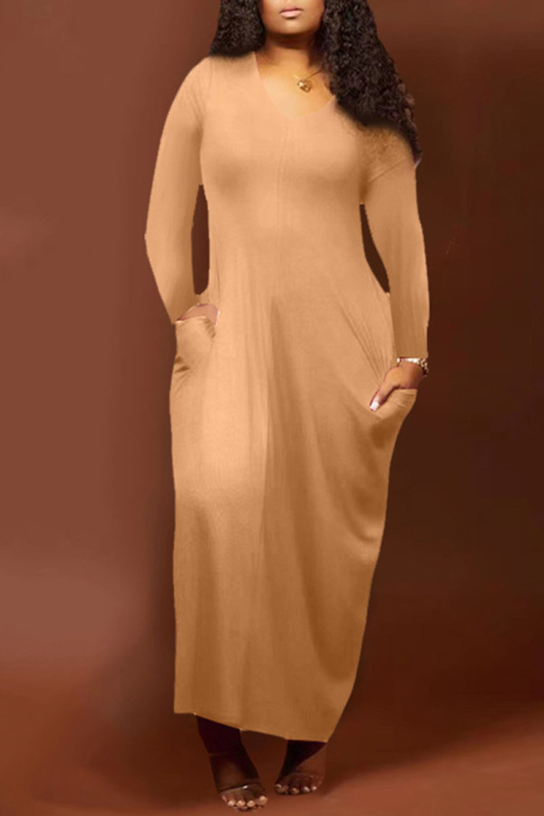 Light Khaki Fashion Casual Solid Patchwork V Neck One Step Skirt Dresses