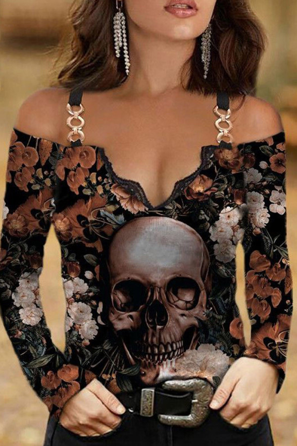 Multicolor Fashion Casual Print Patchwork V Neck Tops