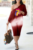 Red Fashion Casual Print Patchwork Oblique Collar Long Sleeve Two Pieces