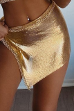 Gold Sexy Patchwork Sequins Frenulum Regular Mid Waist Straight Solid Color Bottoms