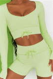 Green Casual Sportswear Solid Skinny Long Sleeved Top And Shorts Set