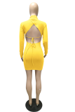 Yellow Sexy Solid Backless Half A Turtleneck Pencil Skirt Dresses