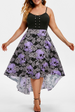 Purple Casual Print Patchwork Spaghetti Strap Irregular Dress Dresses