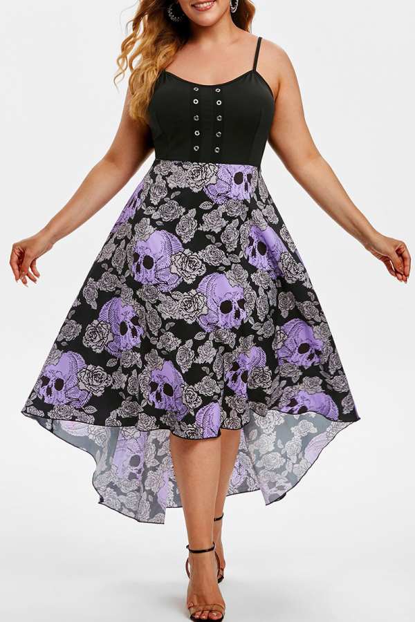 Purple Casual Print Patchwork Spaghetti Strap Irregular Dress Dresses