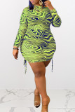 Fluorescent Green Sexy Print Split Joint Frenulum Fold O Neck Pencil Skirt Plus Size Dresses