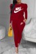 Burgundy Fashion Casual Print Basic O Neck Long Sleeve Two Pieces