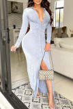 Silver Sexy Solid Patchwork Buckle Fold O Neck One Step Skirt Dresses