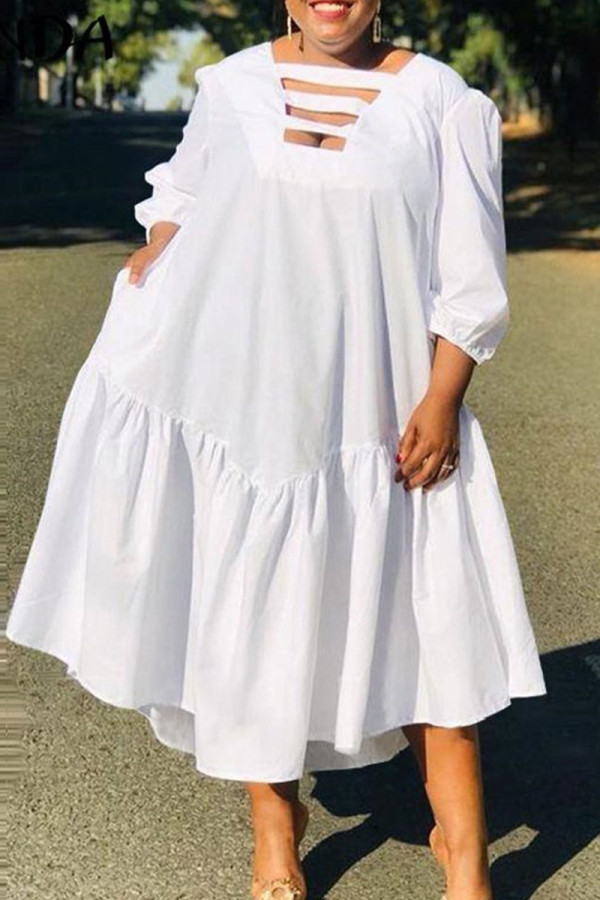 White Casual Solid Patchwork Asymmetrical Collar A Line Dresses