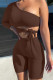 Coffee Fashion Sportswear Solid Frenulum One Shoulder Long Sleeve Two Pieces