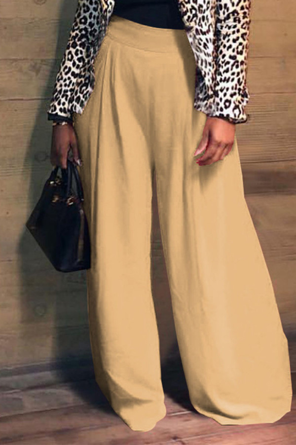 Khaki Elegant Solid Patchwork Fold Straight High Waist Wide Leg Solid Color Bottoms
