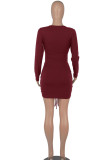 Burgundy Sexy Solid Hollowed Out Patchwork Draw String Fold V Neck Pencil Skirt Dresses
