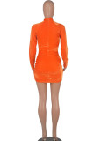 Orange Sexy Solid Patchwork See-through Mandarin Collar One Step Skirt Dresses