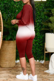 Red Fashion Casual Print Patchwork Oblique Collar Long Sleeve Two Pieces