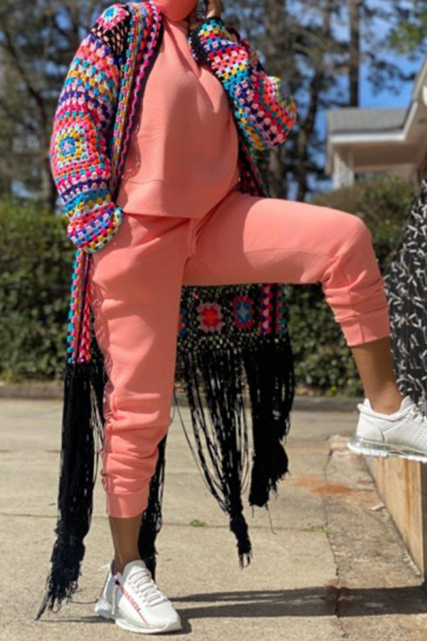 Pink Fashion Casual Solid Patchwork O Neck Long Sleeve Two Pieces