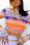 Multicolor Casual Print Patchwork O Neck Mid Waist Tops