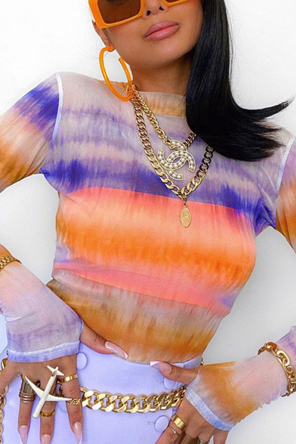 Multicolor Casual Print Patchwork O Neck Mid Waist Tops