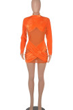 Orange Sexy Solid Patchwork See-through Mandarin Collar One Step Skirt Dresses