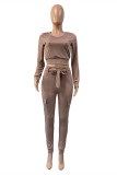 Camel Fashion Casual Solid With Belt O Neck Long Sleeve Two Pieces