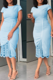 Light Blue Sexy Solid Lace O Neck Irregular Dress Dresses