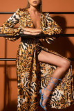 Khaki Sexy Print Hollowed Out Patchwork V Neck Long Sleeve Dresses
