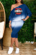 Blue Casual Print Patchwork One Shoulder Long Sleeve Two Pieces