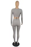 Grey Sexy Casual Solid Bandage Hollowed Out O Neck Long Sleeve Two Pieces
