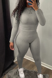 Grey Simplicity Solid Patchwork O Neck Long Sleeve Two Pieces