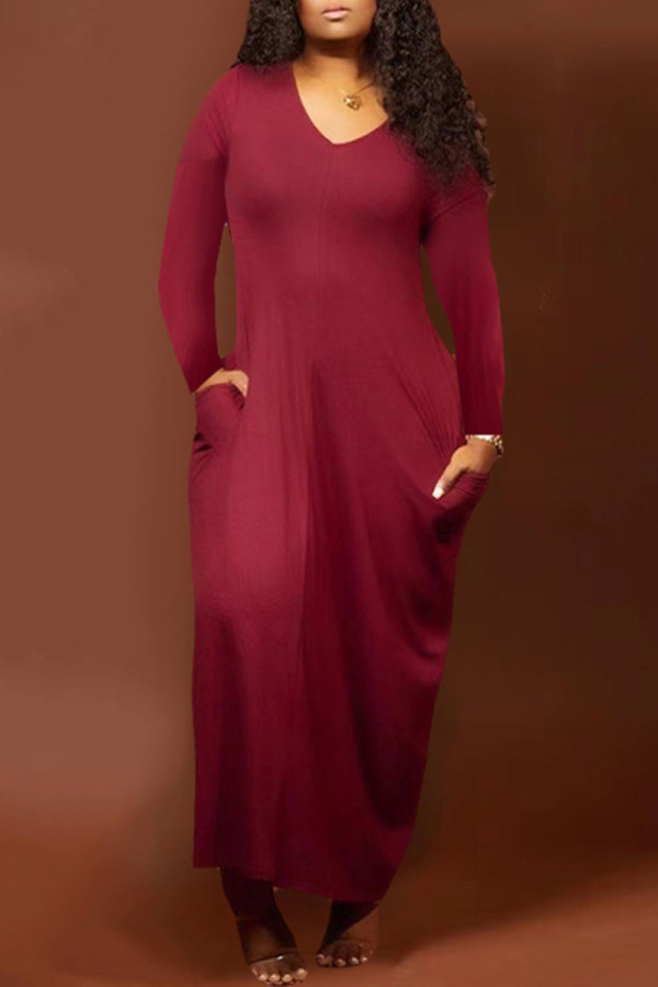 Burgundy Fashion Casual Solid Patchwork V Neck One Step Skirt Dresses